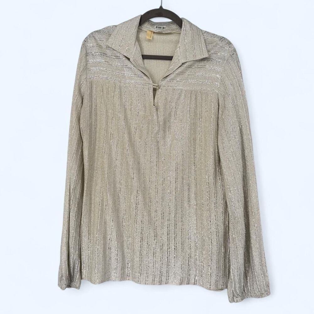 Silver Metallic Striped Long Sleeve Blouse Disco Shimmer Open Plisse Top c. 1978